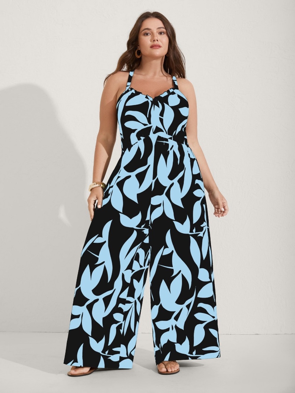 Black Jumpsuit with Light Blue Leaf Print